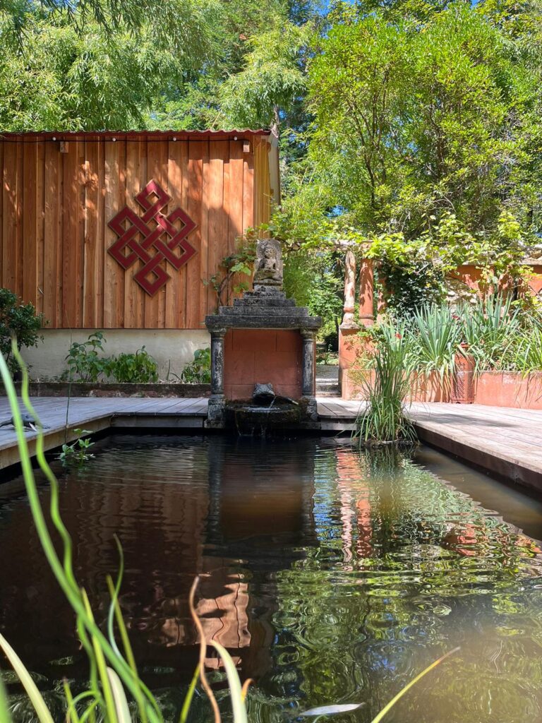 Extérieur paisible d'un cabinet de thérapies brèves : bassin d'eau et terrasse en bois favorisant le lâcher-prise avant une séance de sophrologie ou de sylvothérapie.