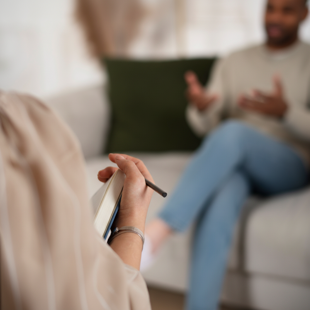 Prise de notes détaillée par une sophrologue lors d'un entretien individuel, illustrant l'écoute active et l'accompagnement personnalisé en cabinet.